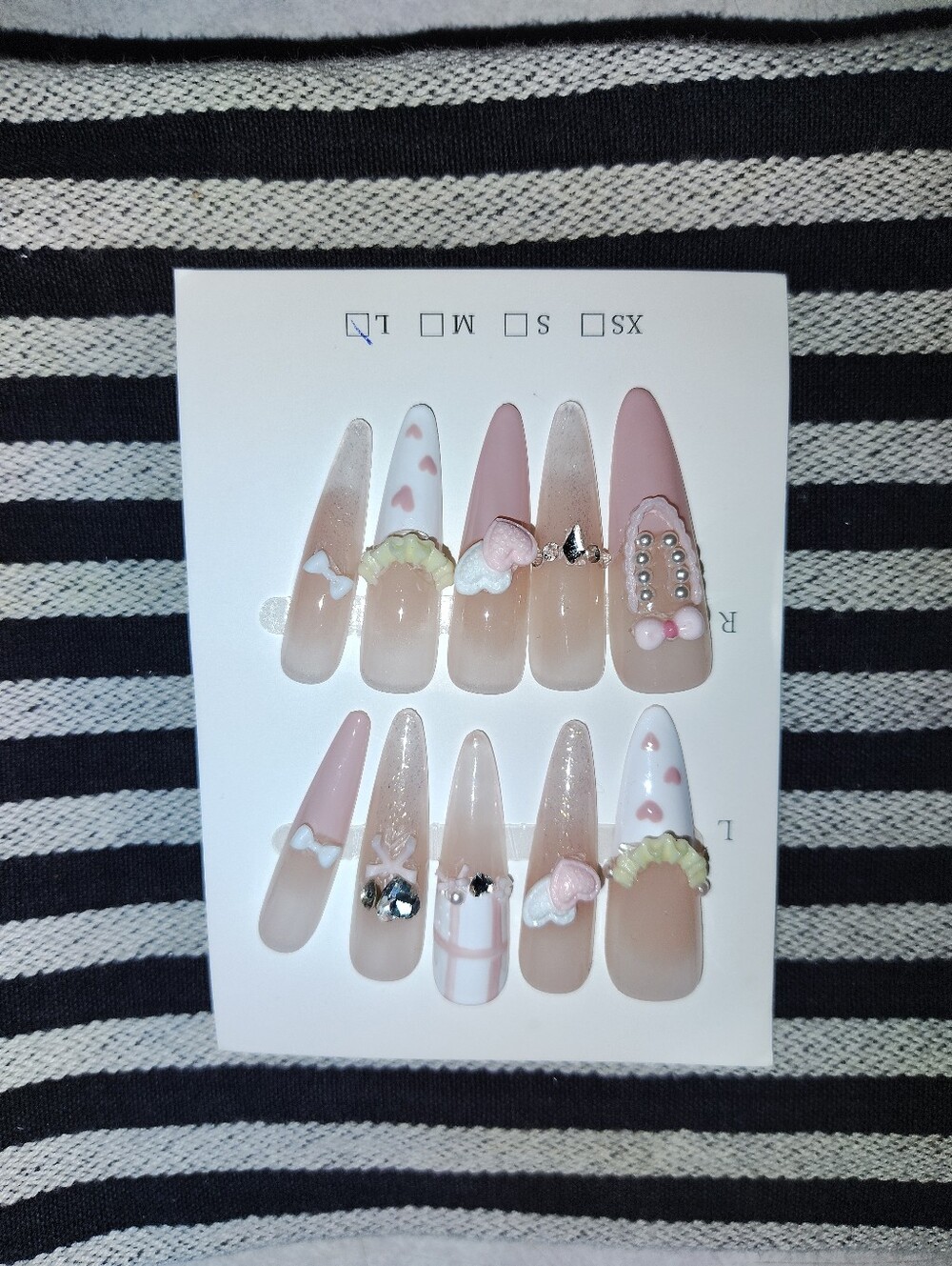 Pink & Nude Cute Charm Press-On Nails Size L Handcrafted